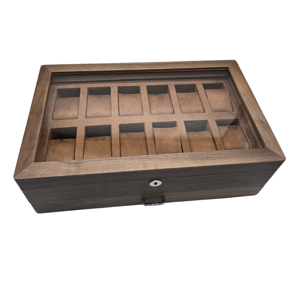 ROTHWELL 12-Slot Walnut Watch Box Glass Top Valet Drawer Lock Organizer Brown - Picture 4 of 11
